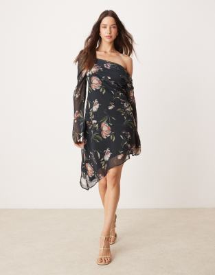 ASOS DESIGN - Langärmliges Kleid mit asymmetrischem Saum und Blumenmuster-Bunt