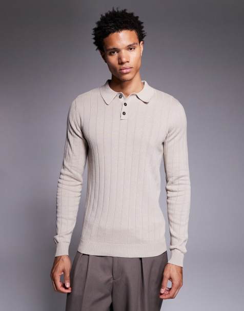 ASOS DESIGN – Langärmliges, körperbetontes Polohemd aus Rippstrick in Steinbeige - view 1