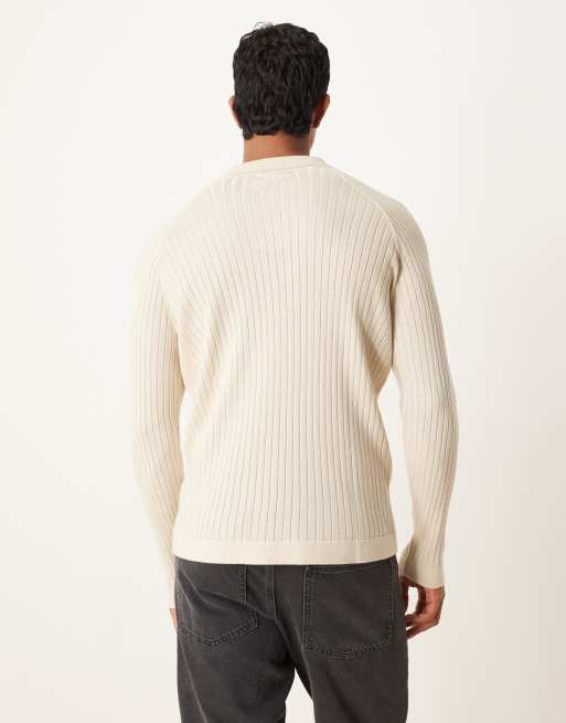 ASOS DESIGN – Langärmliges, körperbetontes Poloshirt aus Strickstoff in Creme, 3 von 5