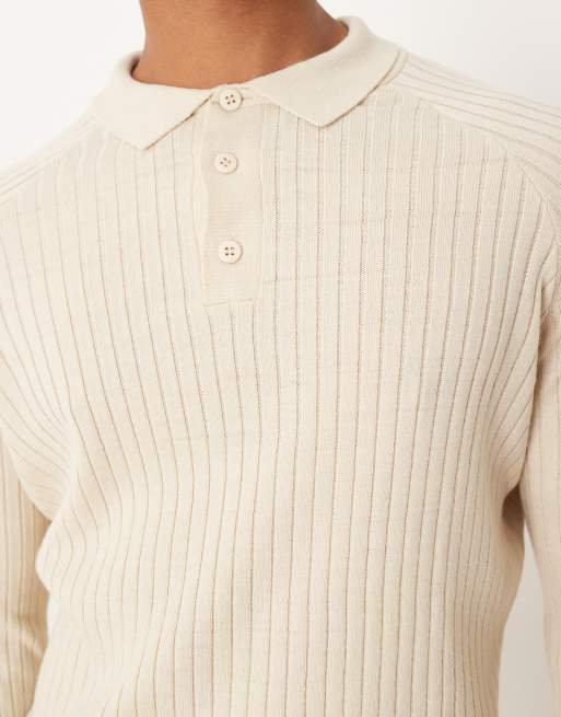 ASOS DESIGN – Langärmliges, körperbetontes Poloshirt aus Strickstoff in Creme, 5 von 5