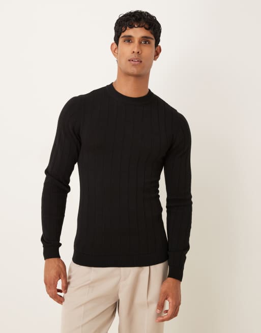 ASOS DESIGN – Langärmliges, körperbetontes Strick-Shirt in Schwarz mit Rundhalsausschnitt