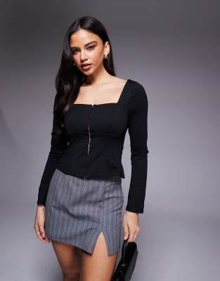 ASOS DESIGN - Langärmliges Korsettoberteil in Schwarz mit eckigem Ausschnitt