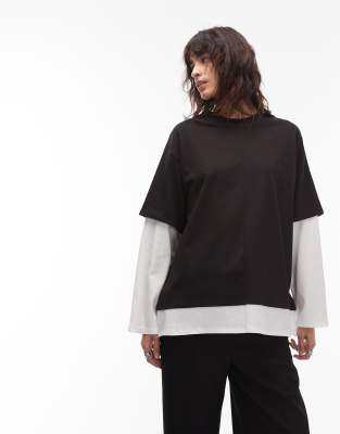 ASOS DESIGN - Langärmliges Lagenlook-Shirt in Schwarz und Weiß mit Oversize-Schnitt-Bunt