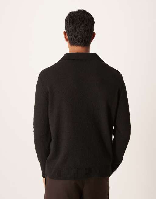 ASOS DESIGN – Langärmliges, locker geschnittenes Strick-Polohemd in Schwarz mit eingekerbtem Ausschnitt und Strukturmuster, 3 von 5