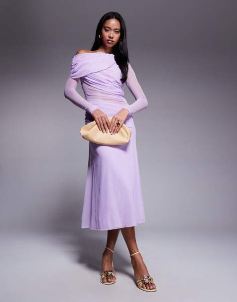 ASOS DESIGN – Langärmliges, lockeres Maxikleid aus Netzstoff-Mix in Flieder mit Carmen-Ausschnitt - view 1