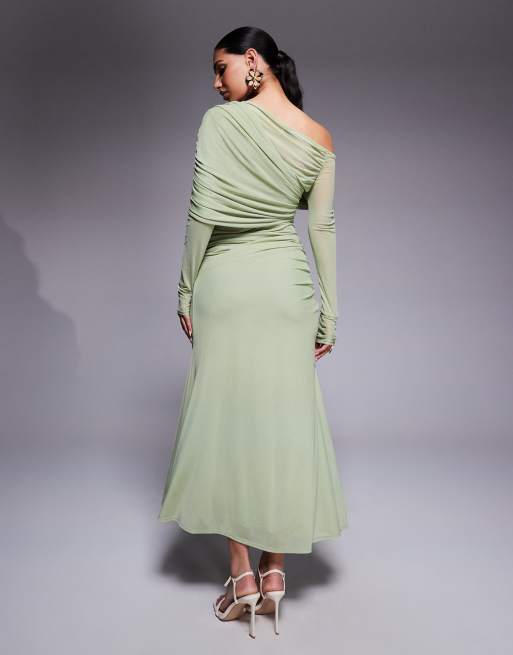 ASOS DESIGN – Langärmliges, lockeres Maxikleid aus Netzstoffmix in Salbeigrün mit Carmen-Ausschnitt, 4 von 4