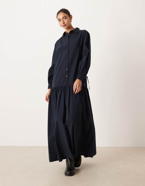 ASOS DESIGN – Langärmliges Maxi-Hemdkleid in Marineblau mit Bindedetail - view 1