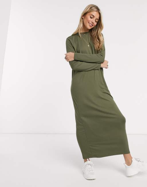 ASOS DESIGN Langarmliges Maxi T Shirt Kleid in Khaki ASOS