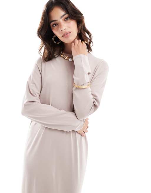 ASOS DESIGN – Langärmliges Maxi-T-Shirt-Kleid in Pilzbeige