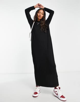 ASOS DESIGN - Langärmliges Maxi-T-Shirt-Kleid in Schwarz-Black