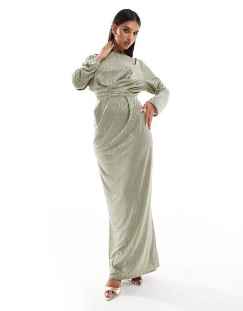 ASOS DESIGN – Langärmliges Maxikleid aus Jacquard in Khakigrün - view 1