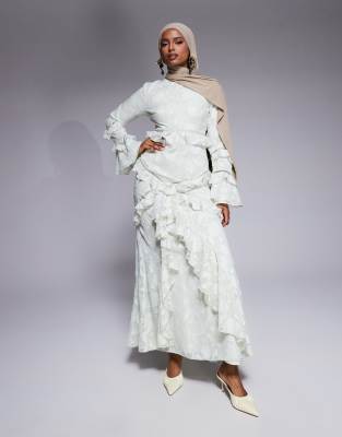 ASOS DESIGN - Langärmliges Maxikleid aus Jacquard in Salbeigrün mit Rüschen