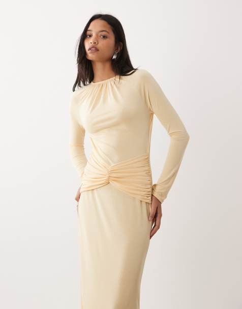 ASOS DESIGN – Langärmliges Maxikleid aus Modal in Buttermilchgelb mit Raffung - view 1