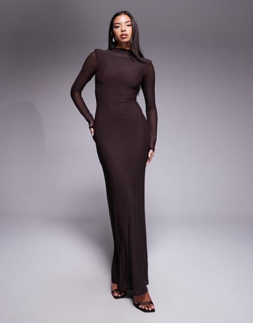ASOS DESIGN – Langärmliges Maxikleid aus Netzstoff in Braun mit ringförmigem Cut-out am Rücken, 2 von 4