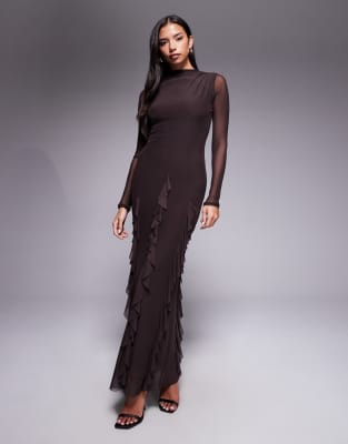 ASOS DESIGN - Langärmliges Maxikleid aus Netzstoff in Schokoladenbraun mit Wasserfall-Rüschenrockdetail-Brown