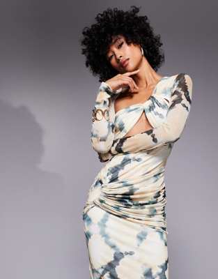 ASOS DESIGN - Langärmliges Maxikleid aus Netzstoff mit farblich abgestimmtem Marmorprint, verdrehtem Ausschnittdetail un...