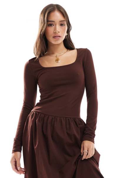 ASOS DESIGN – Langärmliges Maxikleid aus Popeline-Mix in Braun - view 1