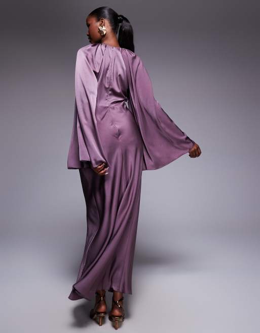 ASOS DESIGN – Langärmliges Maxikleid aus Satin in Traubenlila mit Rock mit mittiger Raffung, 4 von 4
