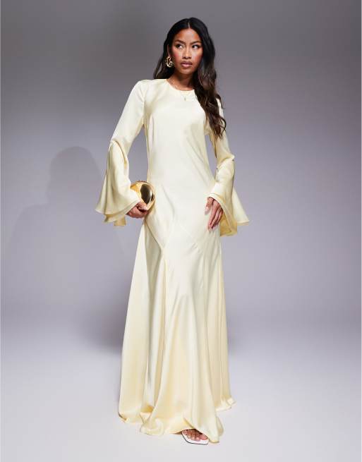 ASOS DESIGN – Langärmliges Maxikleid aus Satin in Zitronengelb mit weitem Rockteil mit Godet-Design, 2 von 4
