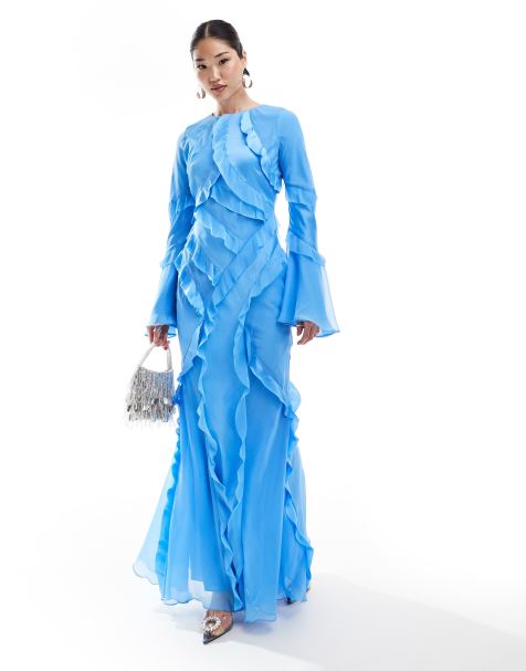ASOS DESIGN – Langärmliges Maxikleid aus Satin und Chiffon in Blau mit Rüschen - view 1