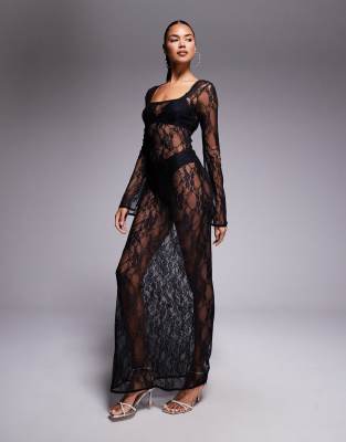 ASOS DESIGN - Langärmliges Maxikleid aus schwarzer Spitze mit eckigem Ausschnitt