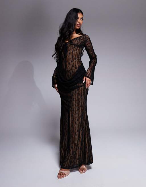 ASOS DESIGN – Langärmliges Maxikleid aus Spitze in Schwarz mit Carmen-Ausschnitt und Schnürung an den Cups
