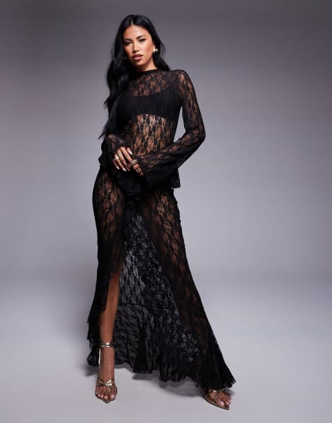 ASOS DESIGN – Langärmliges Maxikleid aus Spitze in Schwarz mit Rüschen am Rück - view 1