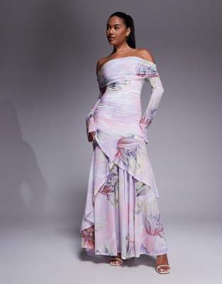 ASOS DESIGN – Langärmliges Maxikleid aus Stretch-Chiffon mit Blumenmuster, Carmen-Ausschnitt und Rüschensaum - view 1