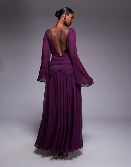 ASOS DESIGN – Langärmliges Maxikleid in Beerenrot mit abgenähtem Oberteil und Spitzenbesatz, 4 von 4