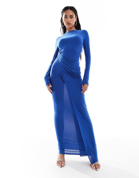 ASOS DESIGN – Langärmliges Maxikleid in Blau mit Drapierung - view 1