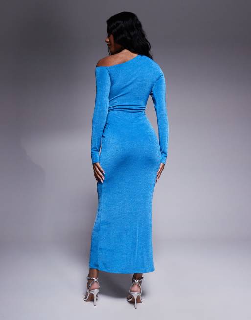 ASOS DESIGN – Langärmliges Maxikleid in Blau mit Oversize-Besatz in der Taille und abfallender Schulterpartie, 3 von 4