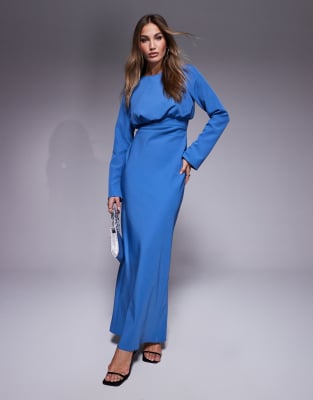 ASOS DESIGN - Langärmliges Maxikleid in Blau mit Struktur und gerafftem Dekolleté