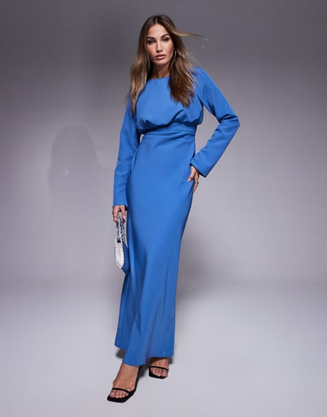 ASOS DESIGN – Langärmliges Maxikleid in Blau mit Struktur und gerafftem Dekolleté - view 1