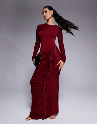 ASOS DESIGN - Langärmliges Maxikleid in Burgunderrot mit Raffung und Rüschendetail-Keine Farbe