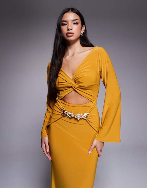 ASOS DESIGN – Langärmliges Maxikleid in Gelb mit drapierter Vorderseite und Goldfischbesatz, 4 von 4