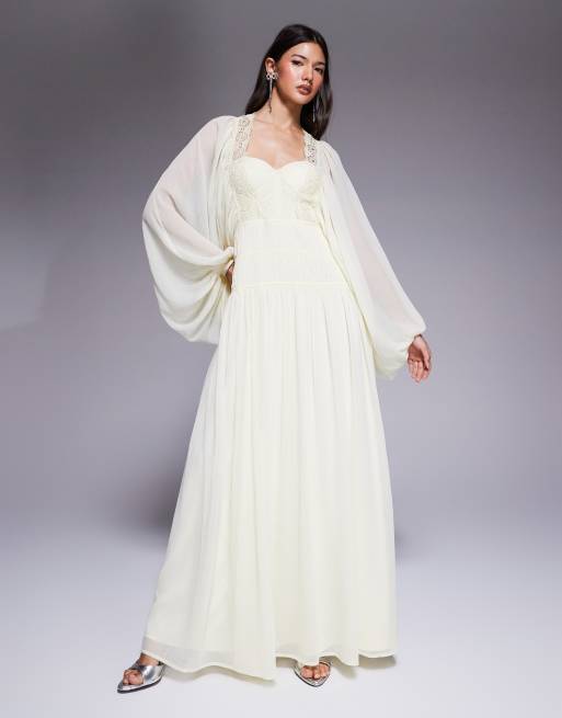 ASOS DESIGN – Langärmliges Maxikleid in Gelb mit Spitzenbesatz und Korsettdetail, 2 von 4