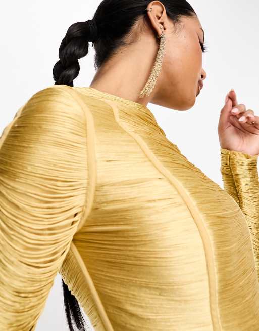 ASOS DESIGN – Langärmliges Maxikleid in Gold mit Fransenbesatz, 3 von 4