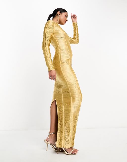 ASOS DESIGN – Langärmliges Maxikleid in Gold mit Fransenbesatz, 4 von 4