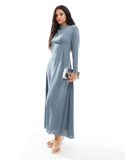 ASOS DESIGN – Langärmliges Maxikleid in Jeansblau mit Wasserfalldetail und plissierter Taille - view 1