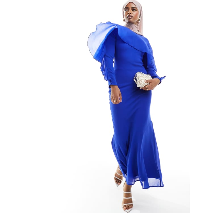 ASOS DESIGN Langarmliges Maxikleid in Kobaltblau mit Ruschen Bias Cut und Cape Detail