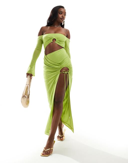 ASOS DESIGN – Langärmliges Maxikleid in Limettengrün mit Bardot-Ausschnitt und Hotfix-Besatz