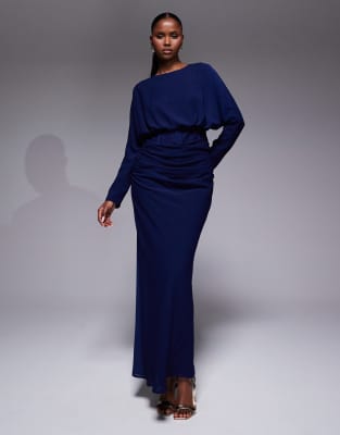 ASOS DESIGN - Langärmliges Maxikleid in Marineblau mit Oberteil aus Spitze und Blousonärmeln