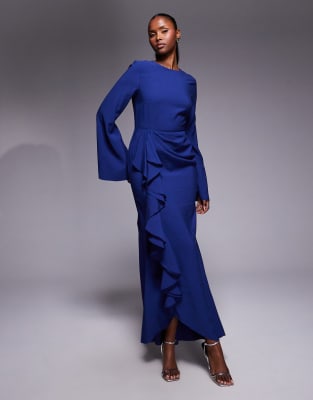ASOS DESIGN - Langärmliges Maxikleid in Marineblau mit Rüschenrock