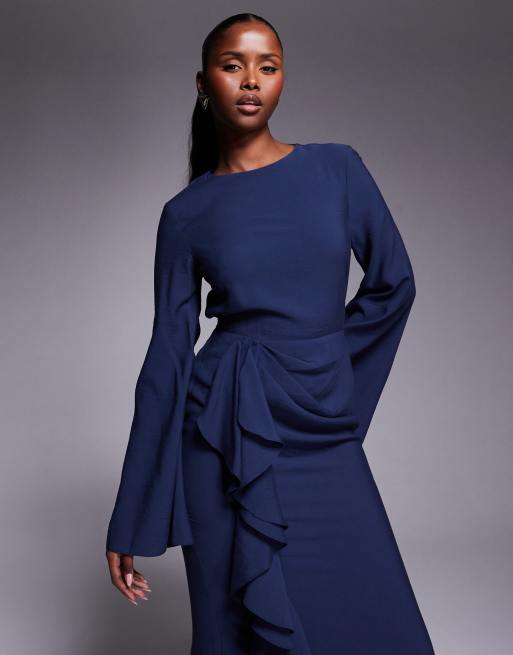 ASOS DESIGN – Langärmliges Maxikleid in Marineblau mit Rüschenrock, 3 von 4