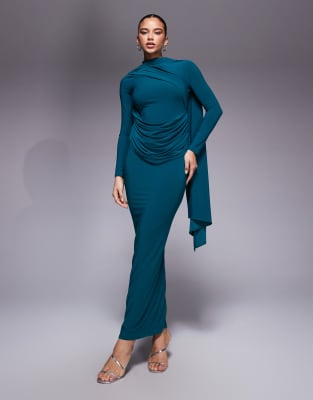 ASOS DESIGN - Langärmliges Maxikleid in Petrol mit Drapierung-Blau