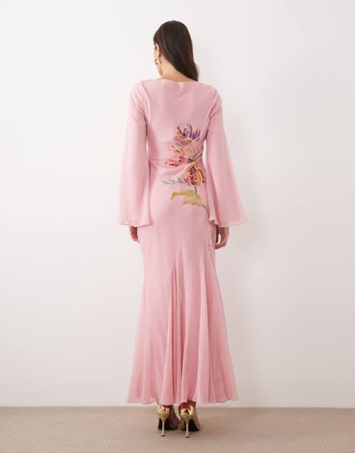ASOS DESIGN – Langärmliges Maxikleid in Rosa mit Stickerei und Verzierung, 4 von 4