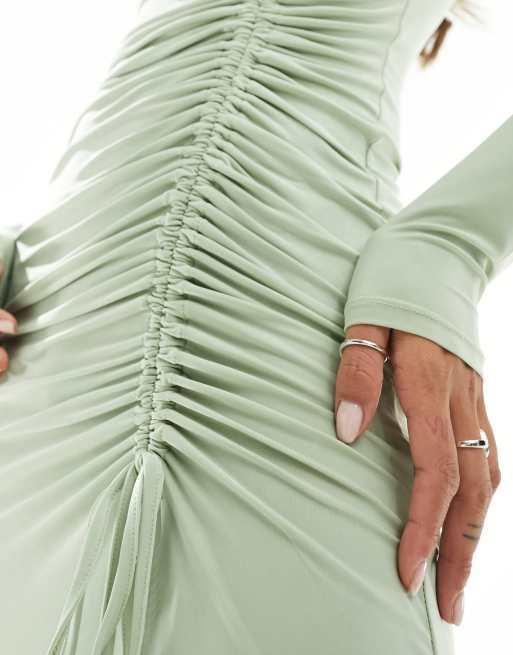 ASOS DESIGN – Langärmliges Maxikleid in Salbeigrün mit Raffung und Tunnelzug, 3 von 4