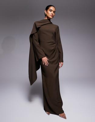 ASOS DESIGN - Langärmliges Maxikleid in Schokobraun mit Schaldetail-Brown