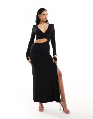 ASOS DESIGN - Langärmliges Maxikleid in Schwarz mit asymmetrischem Cut-Out und Bindeband hinten