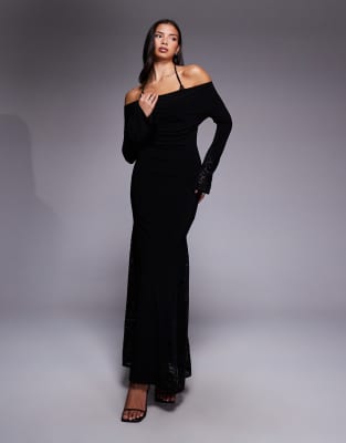 ASOS DESIGN - Langärmliges Maxikleid in Schwarz mit BH-Detail und Spitzeneinsätzen-Rot